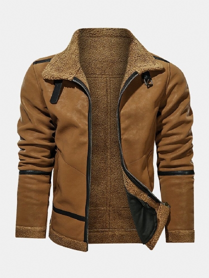 Chaqueta De Cuero De Piel Vintage De Manga Larga Con Bolsillo Cálido Con Cremallera Para Hombre