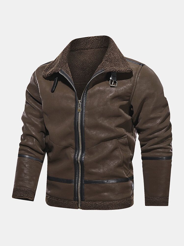 Chaqueta De Cuero De Piel Vintage De Manga Larga Con Bolsillo Cálido Con Cremallera Para Hombre