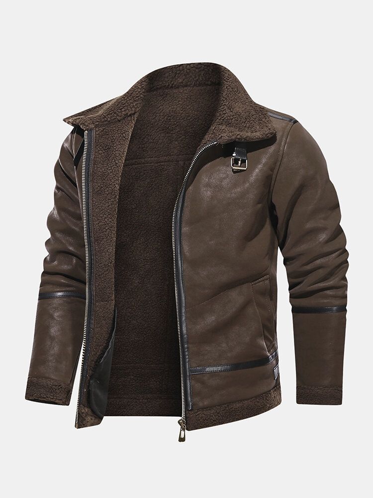 Chaqueta De Cuero De Piel Vintage De Manga Larga Con Bolsillo Cálido Con Cremallera Para Hombre