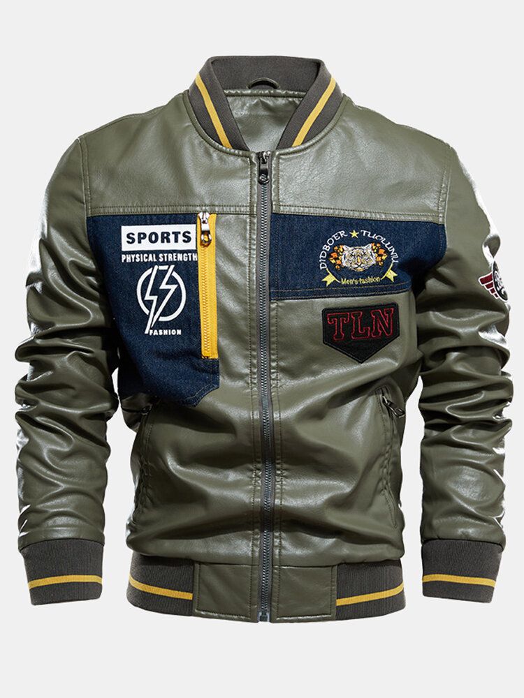 Chaqueta De Cuero Pu Con Cuello De Béisbol Bordado Con Gráficos Para Hombre