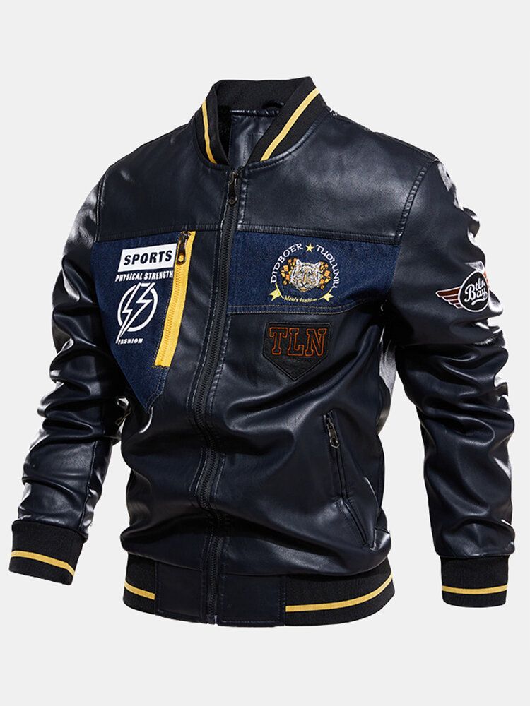 Chaqueta De Cuero Pu Con Cuello De Béisbol Bordado Con Gráficos Para Hombre