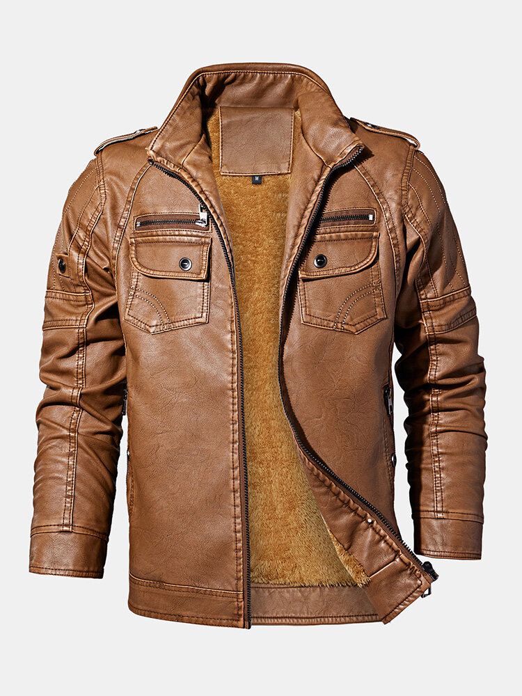 Chaqueta De Cuero De Pu Con Solapa Con Múltiples Bolsillos Lavada Vintage Para Hombre