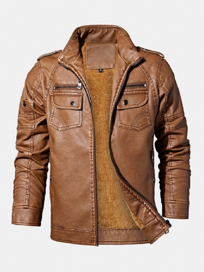 Chaqueta De Cuero De Pu Con Solapa Con Múltiples Bolsillos Lavada Vintage Para Hombre