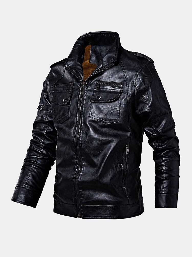 Chaqueta De Cuero De Pu Con Solapa Con Múltiples Bolsillos Lavada Vintage Para Hombre