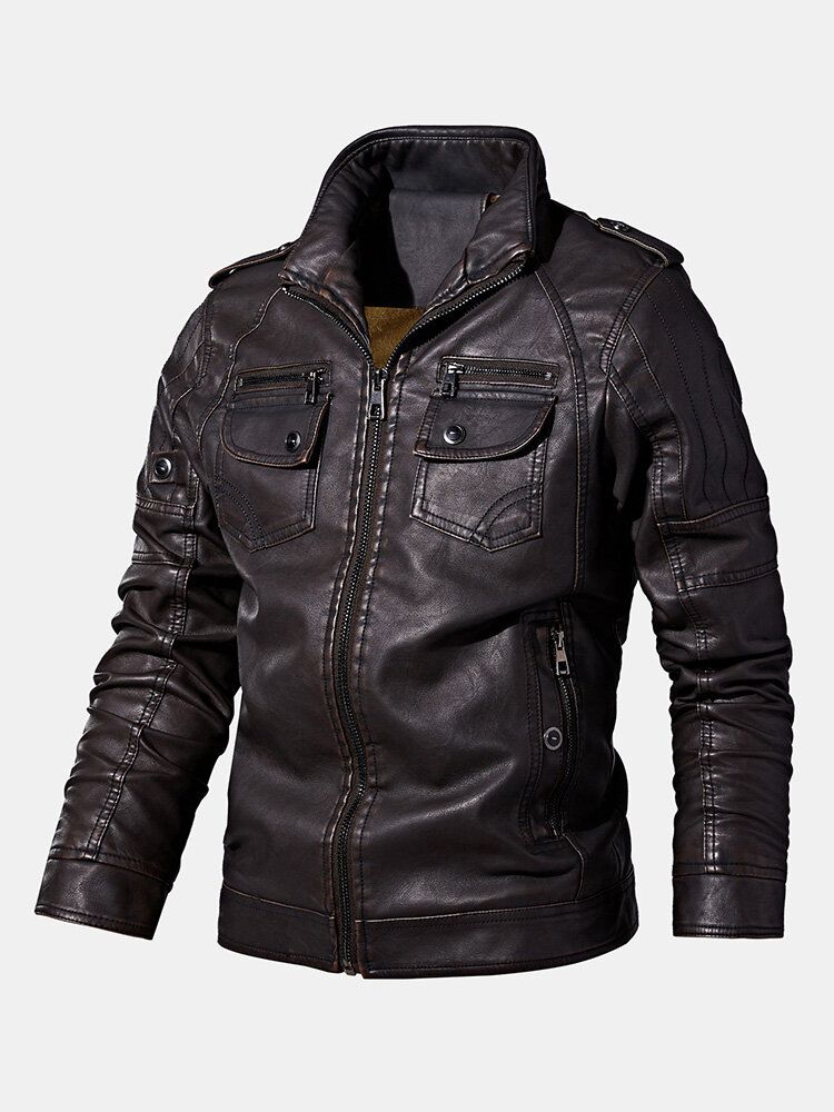 Chaqueta De Cuero De Pu Con Solapa Con Múltiples Bolsillos Lavada Vintage Para Hombre