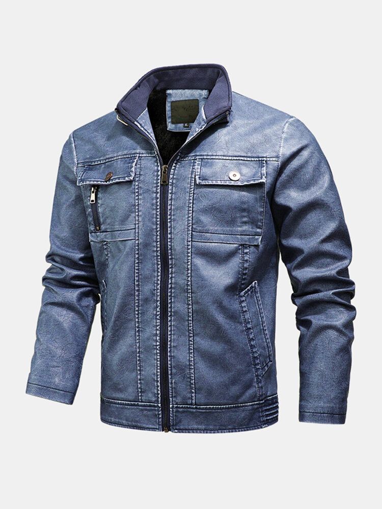 Chaqueta De Cuero Pu De Manga Larga Con Cremallera Frontal Con Múltiples Bolsillos Para Hombre