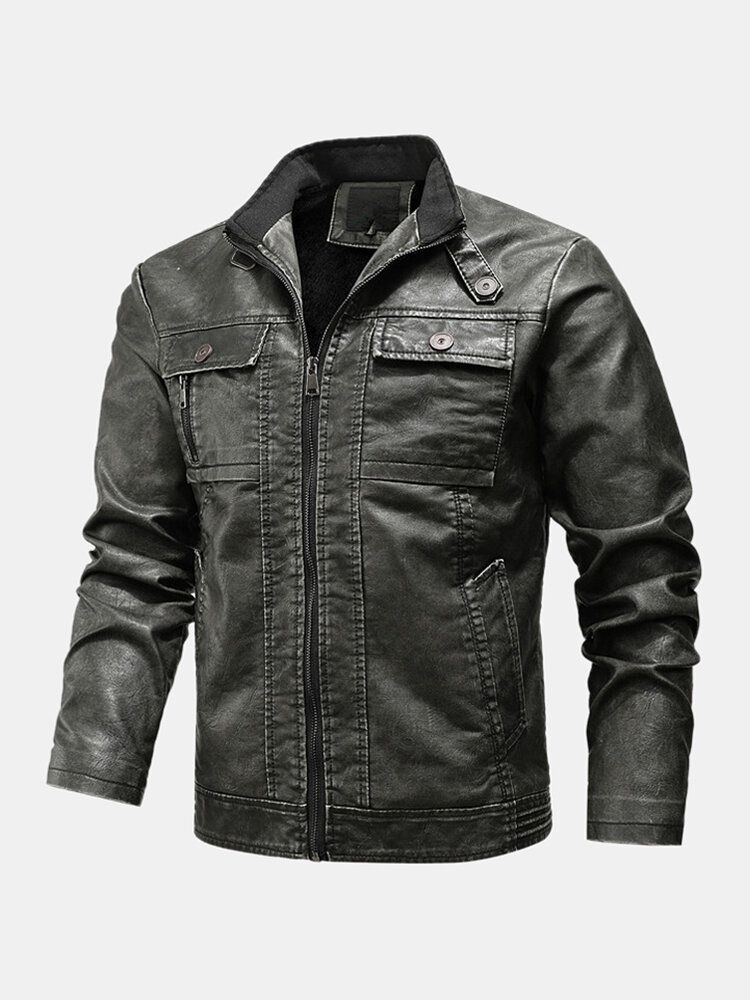 Chaqueta De Cuero Pu De Manga Larga Con Cremallera Frontal Con Múltiples Bolsillos Para Hombre