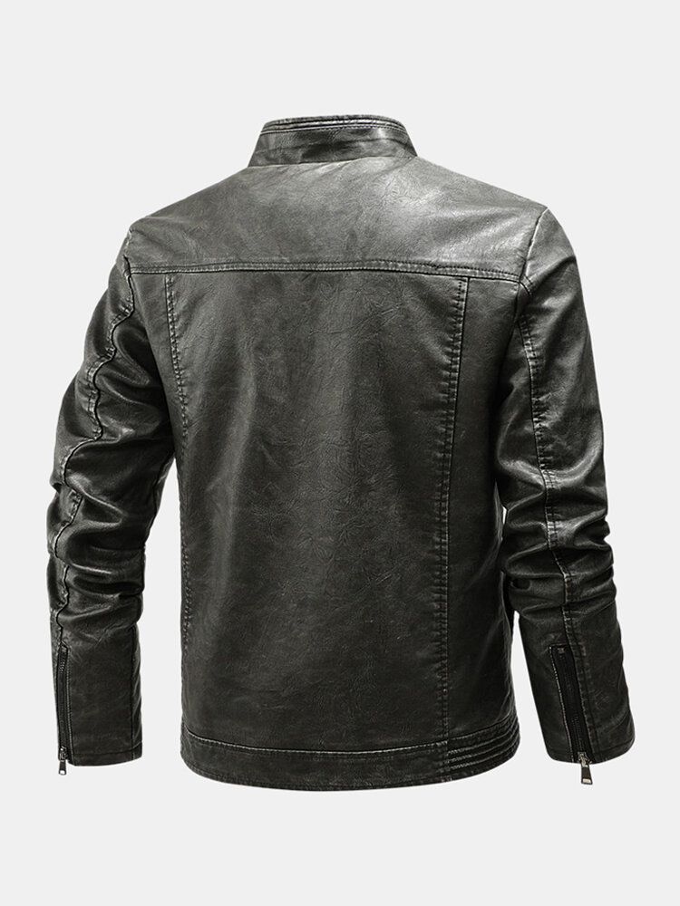 Chaqueta De Cuero Pu De Manga Larga Con Cremallera Frontal Con Múltiples Bolsillos Para Hombre