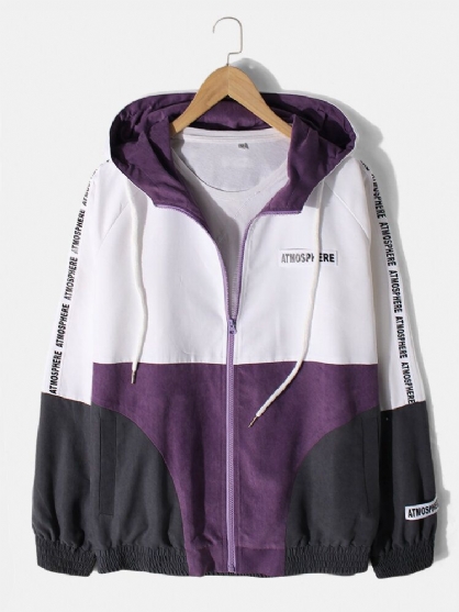 Chaqueta Deportiva Con Capucha Y Cremallera De Manga De Letra De Patchwork De Color En Contraste Para Hombre