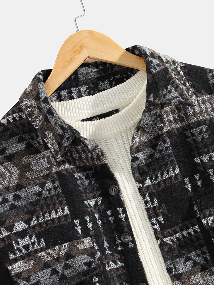 Chaqueta Estilo Camisa Vintage Gruesa Con Doble Bolsillo Y Patrón Geométrico Para Hombre