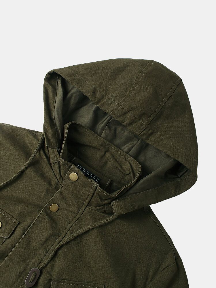 Chaqueta Estilo Cargo Informal Lavada De Algodón Con Múltiples Bolsillos Para Hombre Con Capucha Extraíble