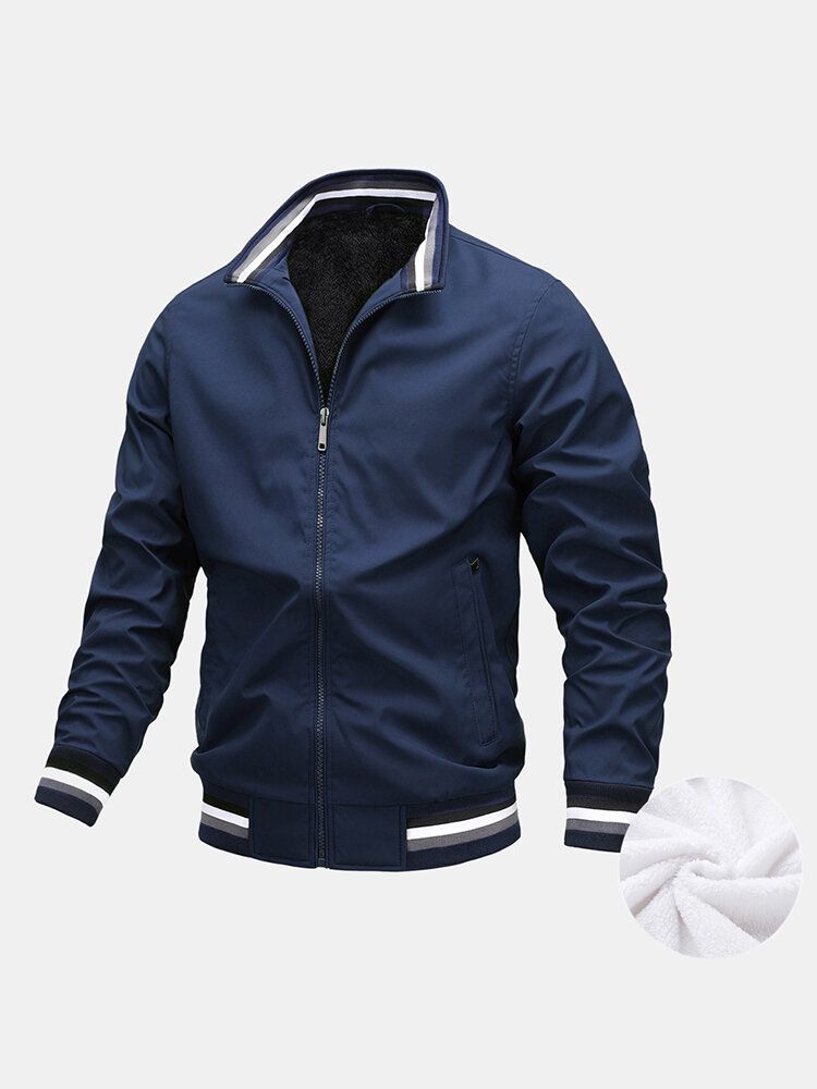 Chaqueta Forrada De Felpa Cálida De Color Sólido Simple Para Hombre Con Bolsillo