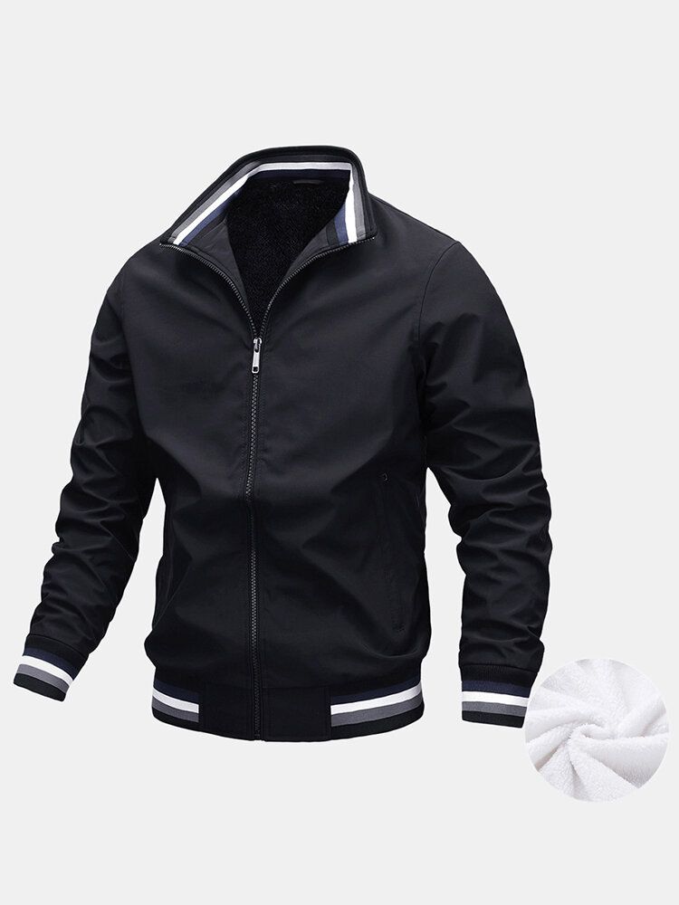 Chaqueta Forrada De Felpa Cálida De Color Sólido Simple Para Hombre Con Bolsillo