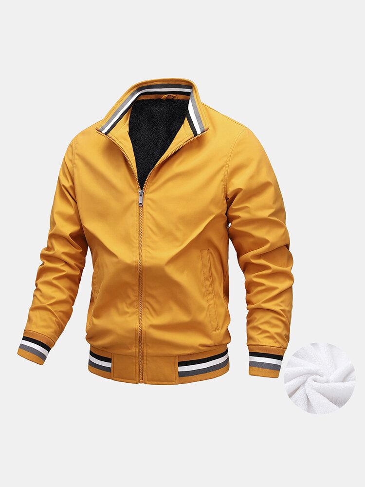 Chaqueta Forrada De Felpa Cálida De Color Sólido Simple Para Hombre Con Bolsillo