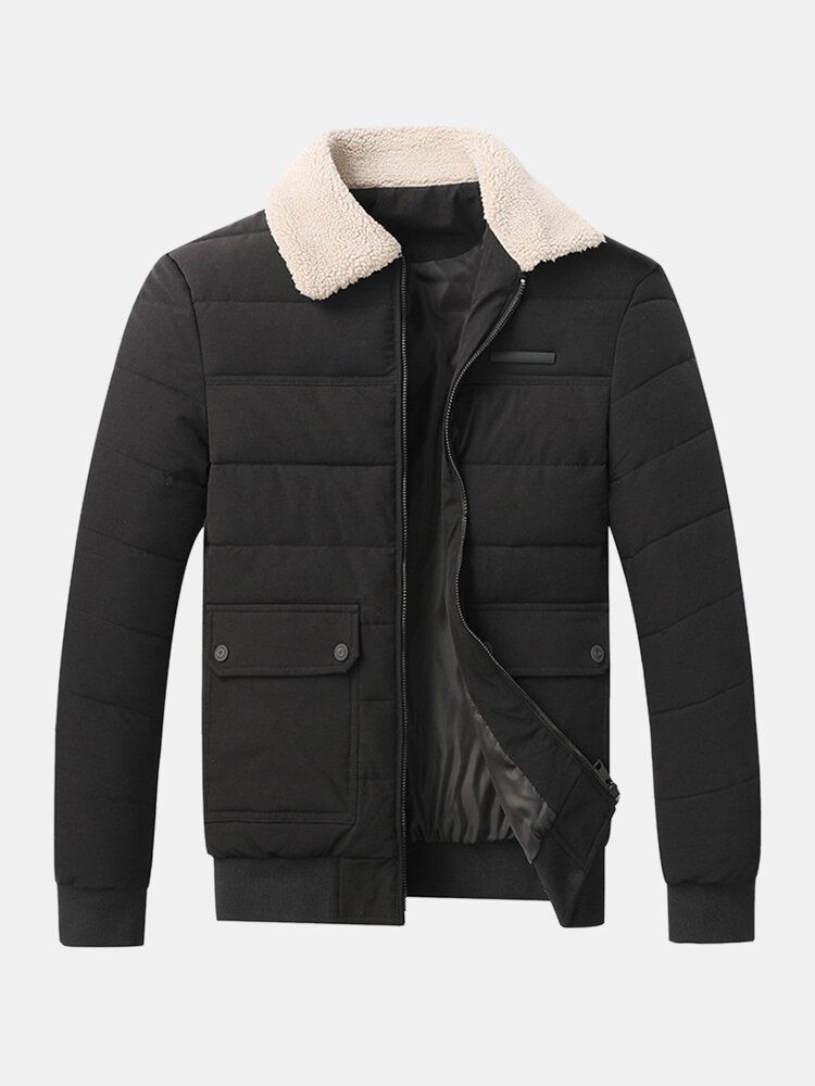 Chaqueta Gruesa Con Cremallera Frontal Y Cuello De Solapa Sherpa Acolchado Para Hombre Con Bolsillo Con Solapa