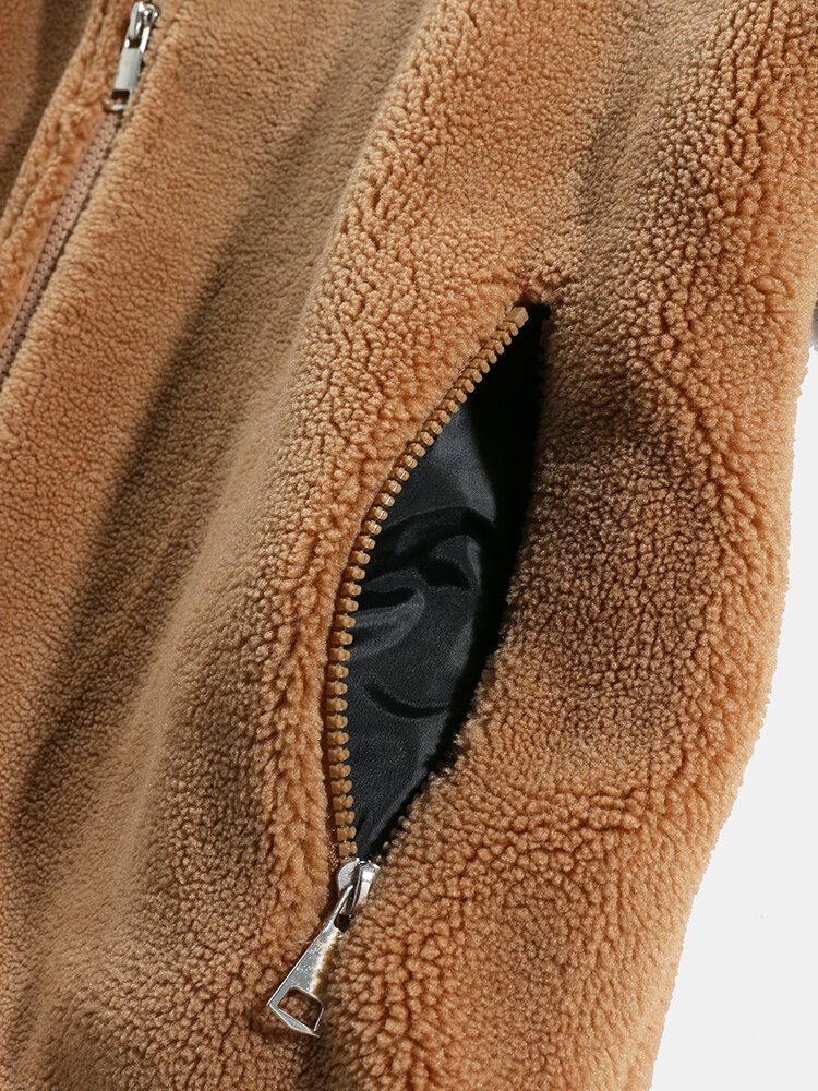 Chaqueta Gruesa De Felpa Cálida Con Forro Polar Con Aplique De Letras Para Hombre Con Bolsillo