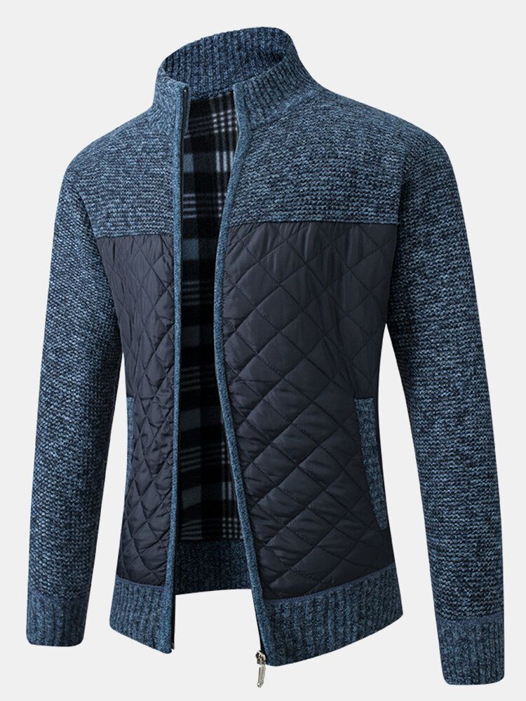 Chaqueta Gruesa De Punto Con Cremallera De Manga Larga De Patchwork Cálido Para Hombre Con Bolsillo