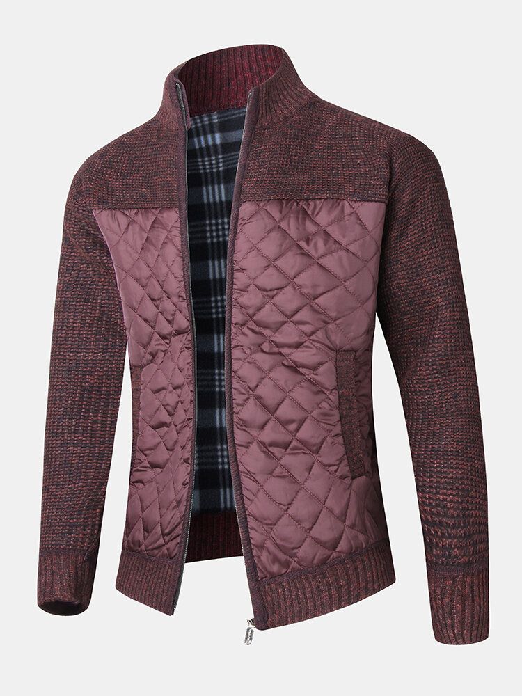 Chaqueta Gruesa De Punto Con Cremallera De Manga Larga De Patchwork Cálido Para Hombre Con Bolsillo