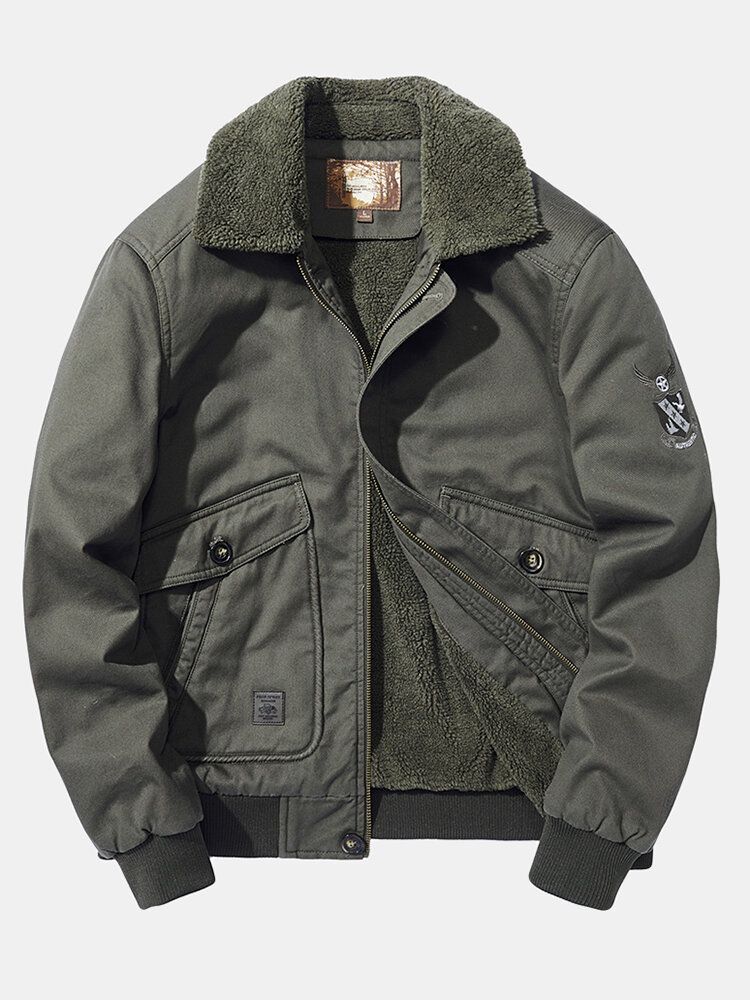 Chaqueta Informal Cálida Con Forro Polar De Algodón Bordado Con Insignia Para Hombre Con Bolsillo