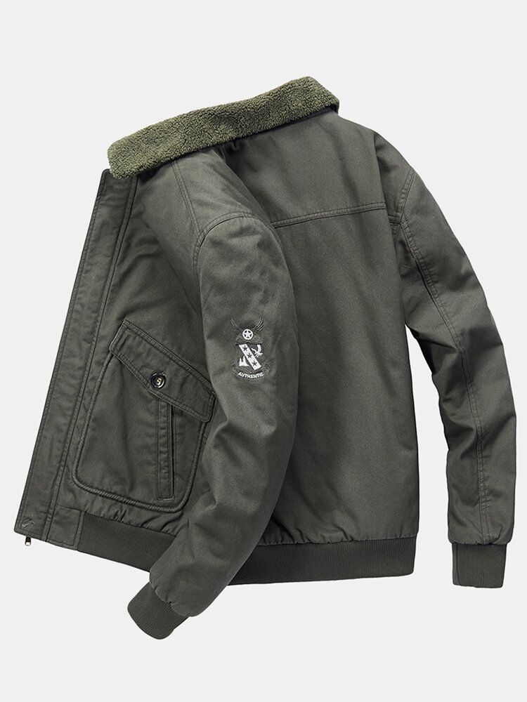 Chaqueta Informal Cálida Con Forro Polar De Algodón Bordado Con Insignia Para Hombre Con Bolsillo