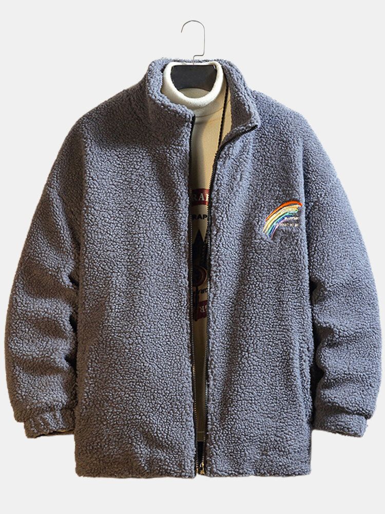 Chaqueta Informal Cálida De Forro Polar Con Cremallera Bordada Con Arcoíris Y Letras Para Hombre