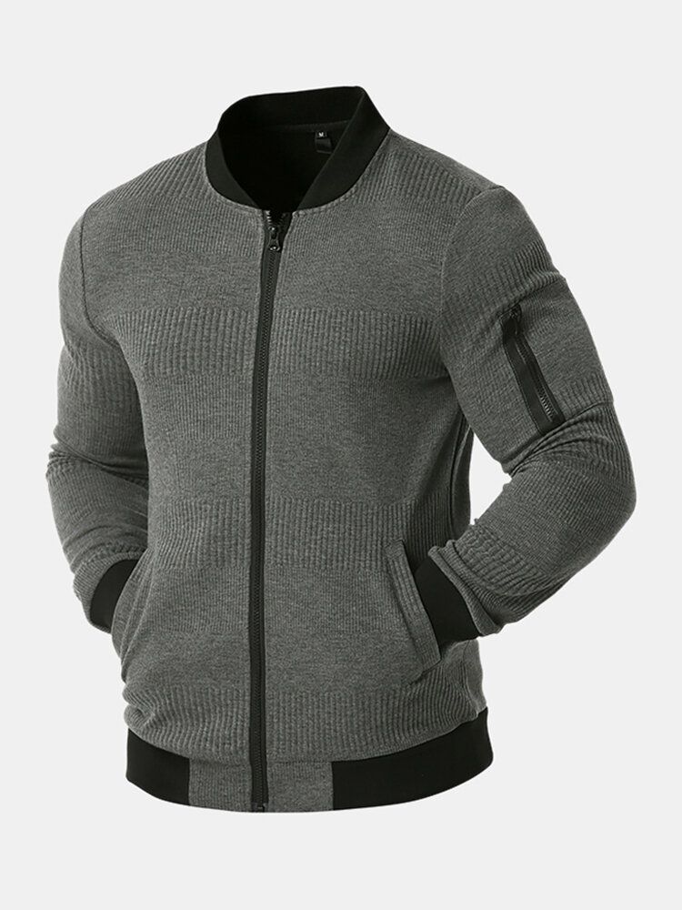 Chaqueta Lisa Casual Con Cremallera Y Cuello De Béisbol De Costilla Para Hombre Con Bolsillo