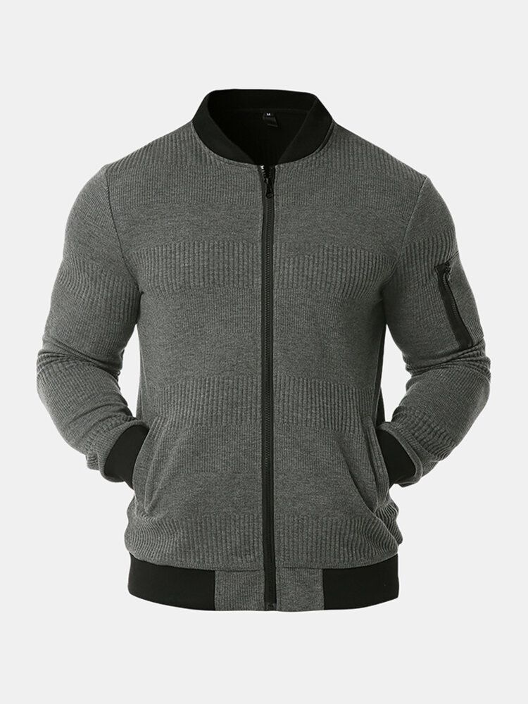 Chaqueta Lisa Casual Con Cremallera Y Cuello De Béisbol De Costilla Para Hombre Con Bolsillo