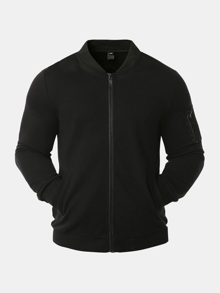 Chaqueta Lisa Casual Con Cremallera Y Cuello De Béisbol De Costilla Para Hombre Con Bolsillo