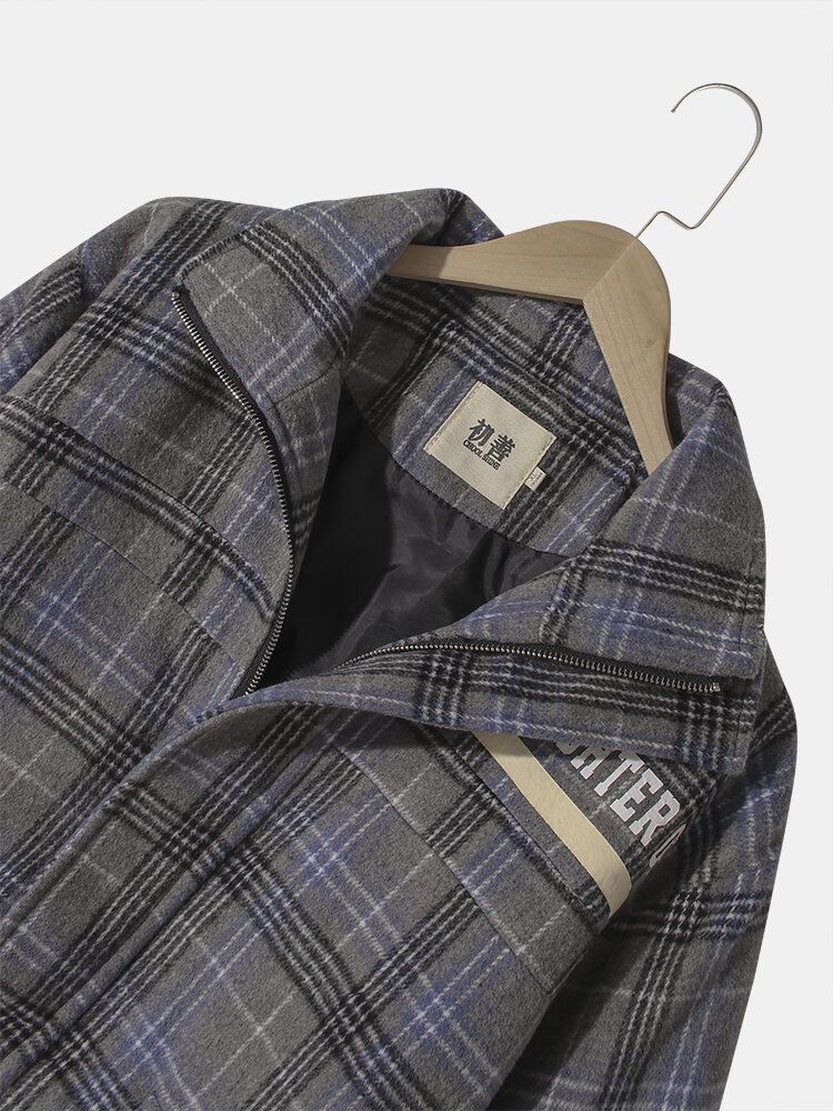 Chaqueta De Manga Larga Cálida Con Cremallera A Cuadros Con Estampado De Letras Para Hombre Con Bolsillo