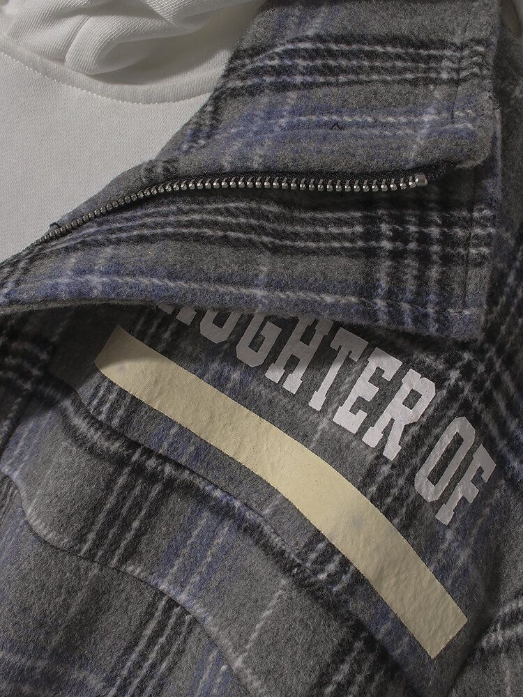 Chaqueta De Manga Larga Cálida Con Cremallera A Cuadros Con Estampado De Letras Para Hombre Con Bolsillo