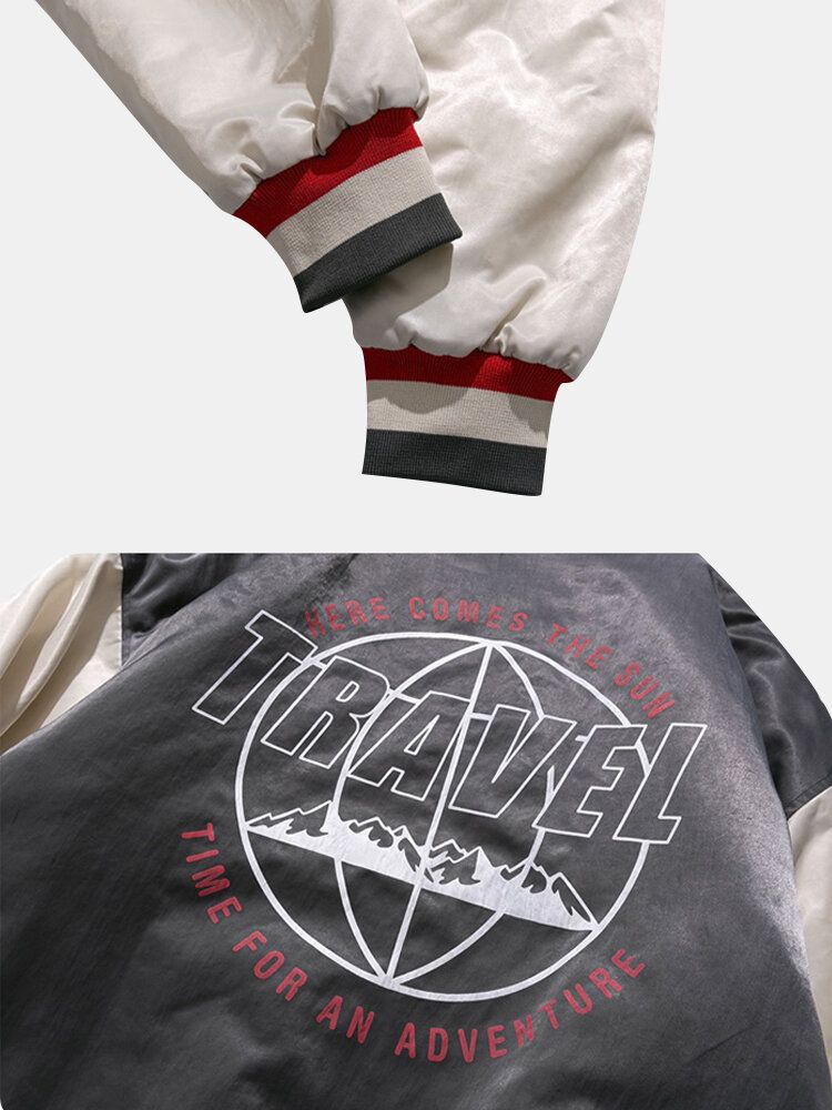 Chaqueta De Manga Larga Con Bolsillo Con Cremallera Y Cuello De Béisbol De Patchwork Con Gráficos Para Hombre