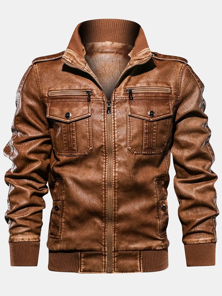 Chaqueta De Manga Larga Con Cremallera Y Cuello Alto De Cuero Pu Para Hombre Con Bolsillo