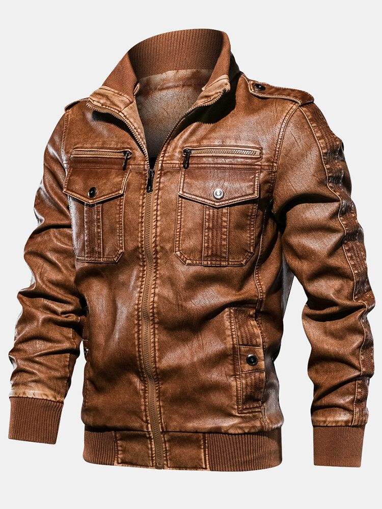 Chaqueta De Manga Larga Con Cremallera Y Cuello Alto De Cuero Pu Para Hombre Con Bolsillo