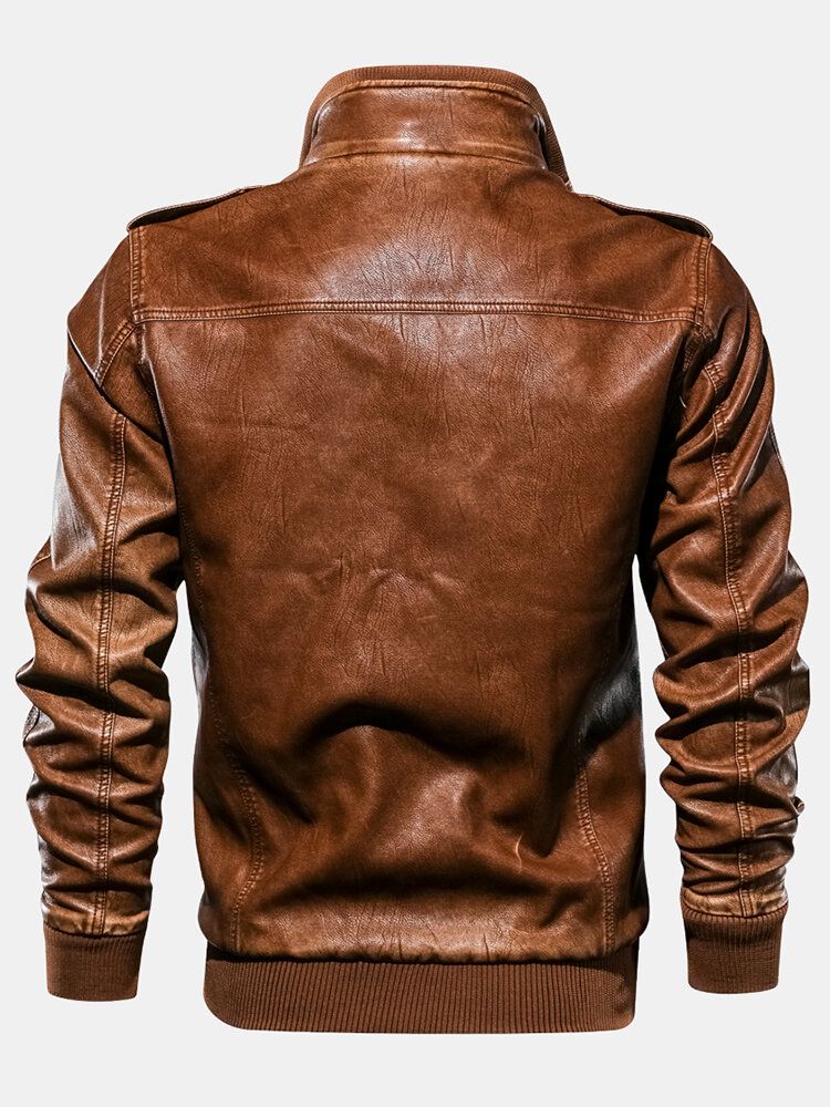 Chaqueta De Manga Larga Con Cremallera Y Cuello Alto De Cuero Pu Para Hombre Con Bolsillo