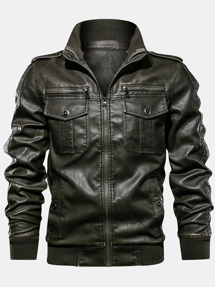 Chaqueta De Manga Larga Con Cremallera Y Cuello Alto De Cuero Pu Para Hombre Con Bolsillo