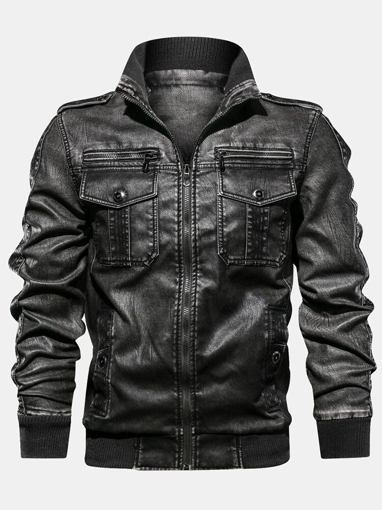 Chaqueta De Manga Larga Con Cremallera Y Cuello Alto De Cuero Pu Para Hombre Con Bolsillo