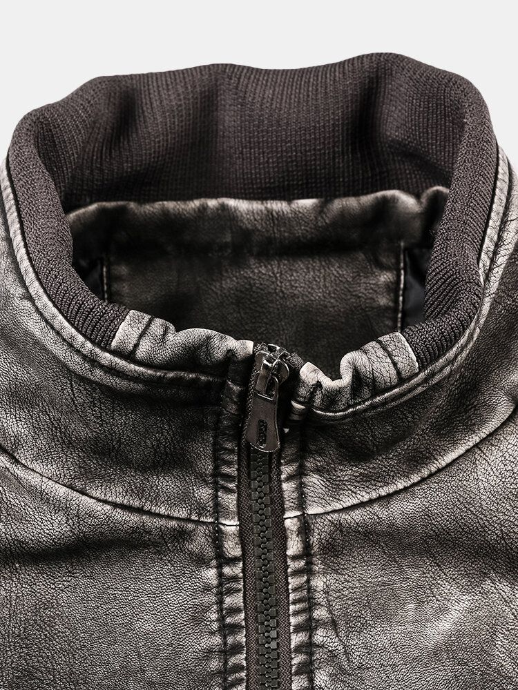 Chaqueta De Manga Larga Con Cremallera Y Cuello Alto De Cuero Pu Para Hombre Con Bolsillo