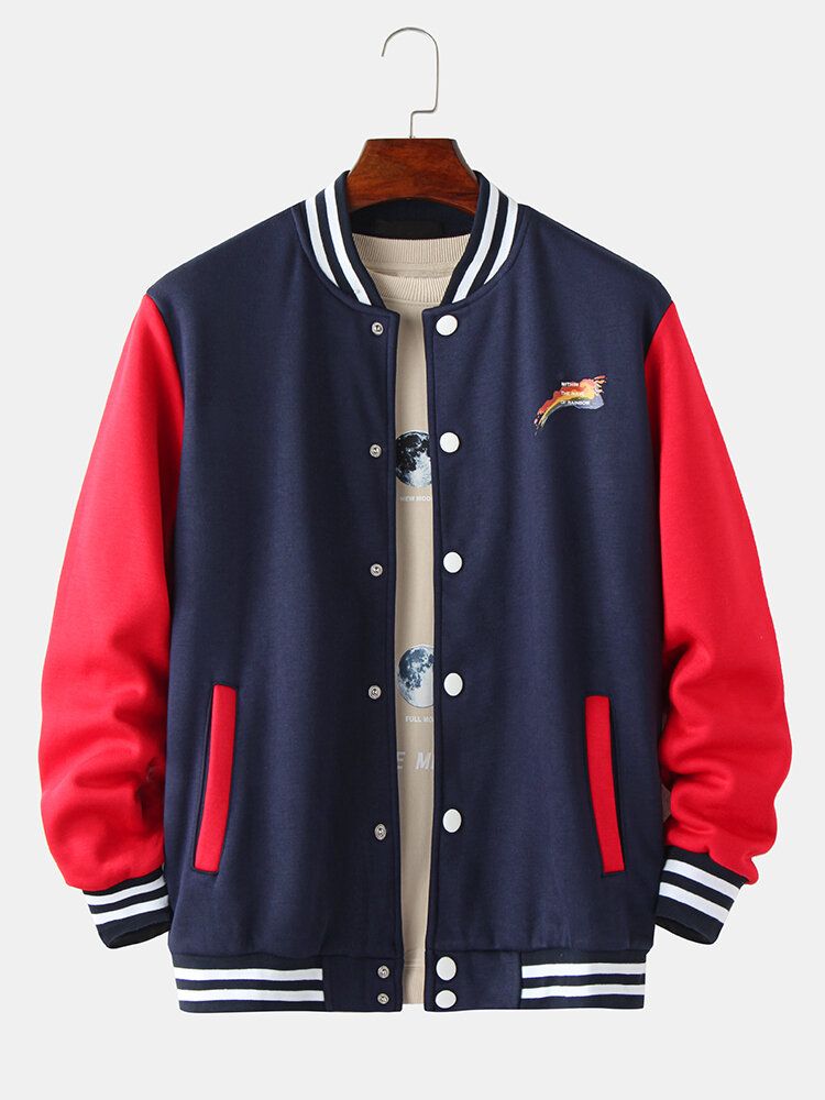 Chaqueta De Manga Larga Con Cuello De Béisbol De Patchwork En Contraste Y Estampado De Letras Para Hombre