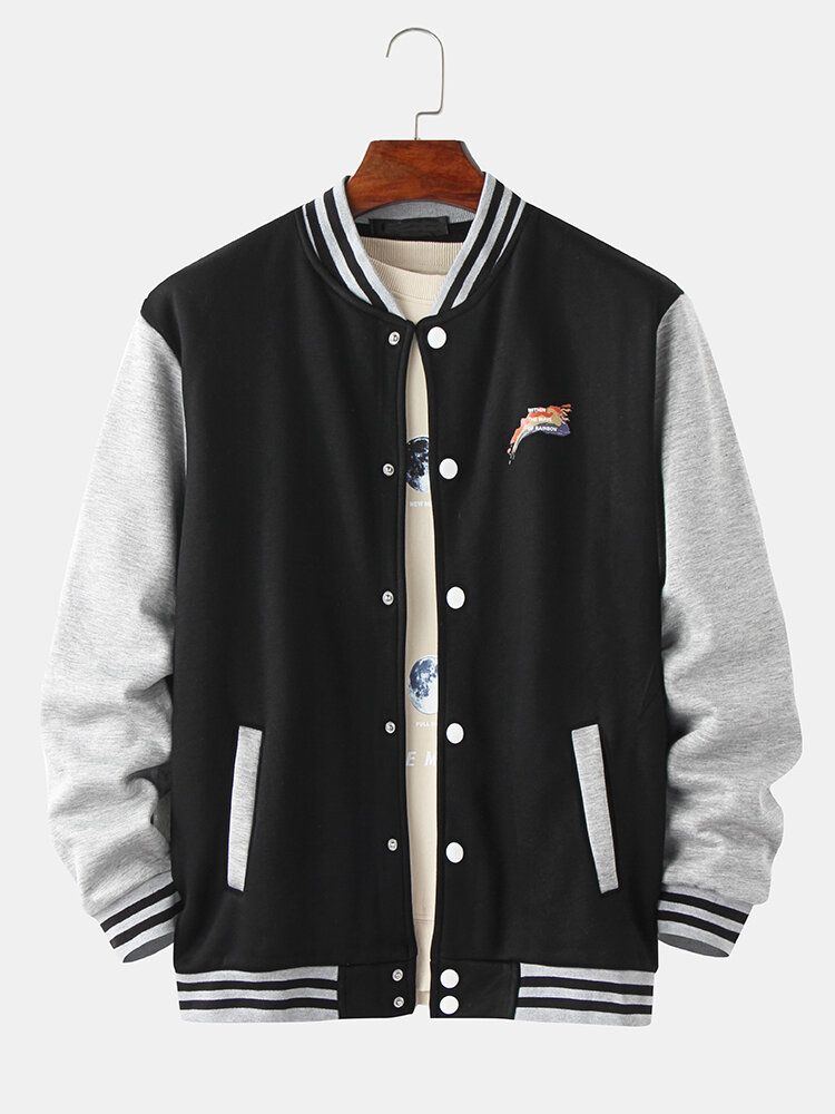 Chaqueta De Manga Larga Con Cuello De Béisbol De Patchwork En Contraste Y Estampado De Letras Para Hombre