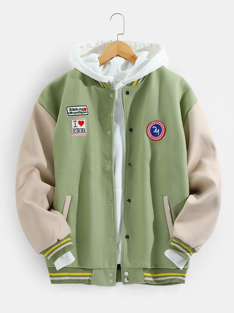 Chaqueta De Manga Larga Con Cuello De Béisbol Y Hombros Caídos Cálidos Con Insignia Para Hombre