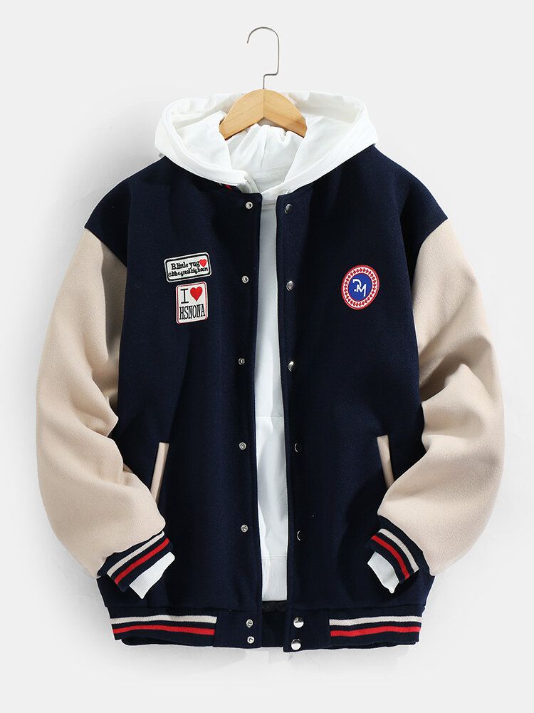 Chaqueta De Manga Larga Con Cuello De Béisbol Y Hombros Caídos Cálidos Con Insignia Para Hombre