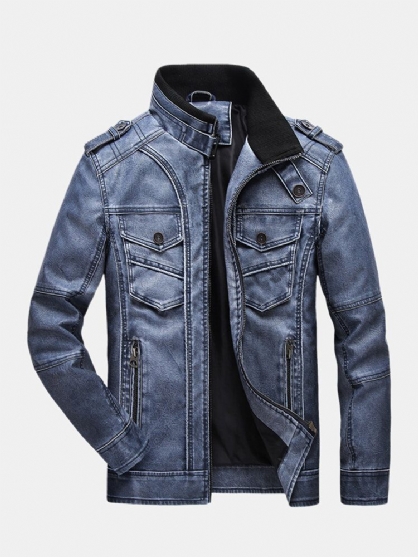 Chaqueta De Manga Larga De Cuero Pu Con Cremallera Multibolsillos Vintage Para Hombre