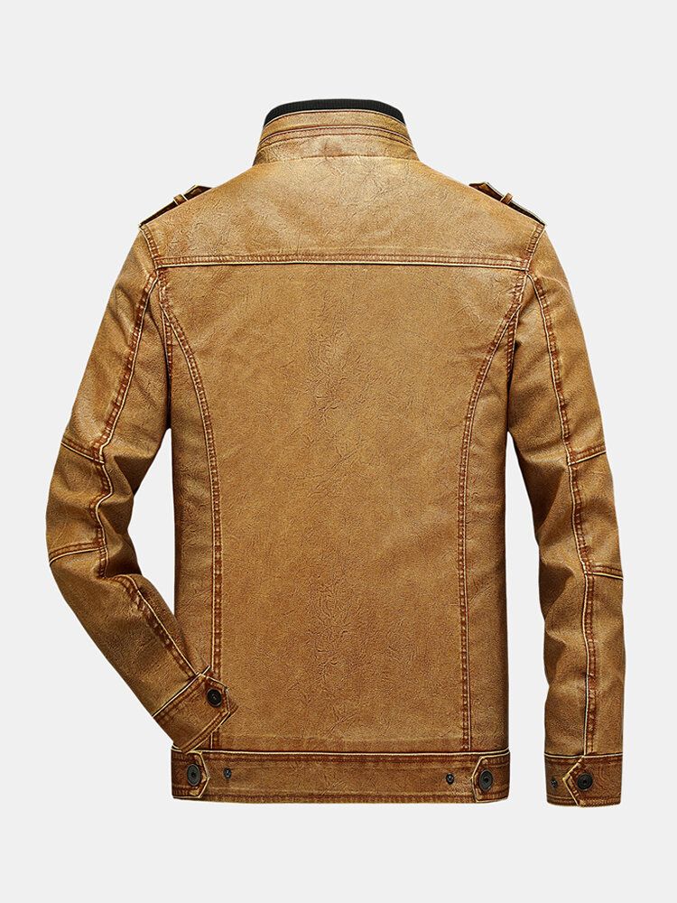 Chaqueta De Manga Larga De Cuero Pu Con Cremallera Multibolsillos Vintage Para Hombre