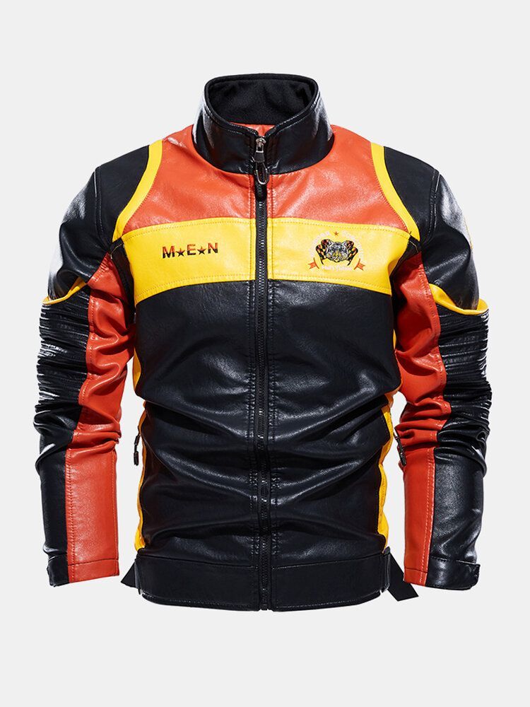 Chaqueta De Manga Larga De Motocicleta De Cuero Pu De Patchwork Bordado Para Hombre