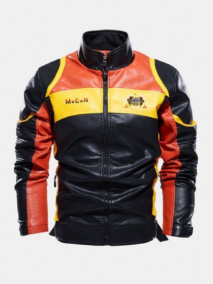 Chaqueta De Manga Larga De Motocicleta De Cuero Pu De Patchwork Bordado Para Hombre