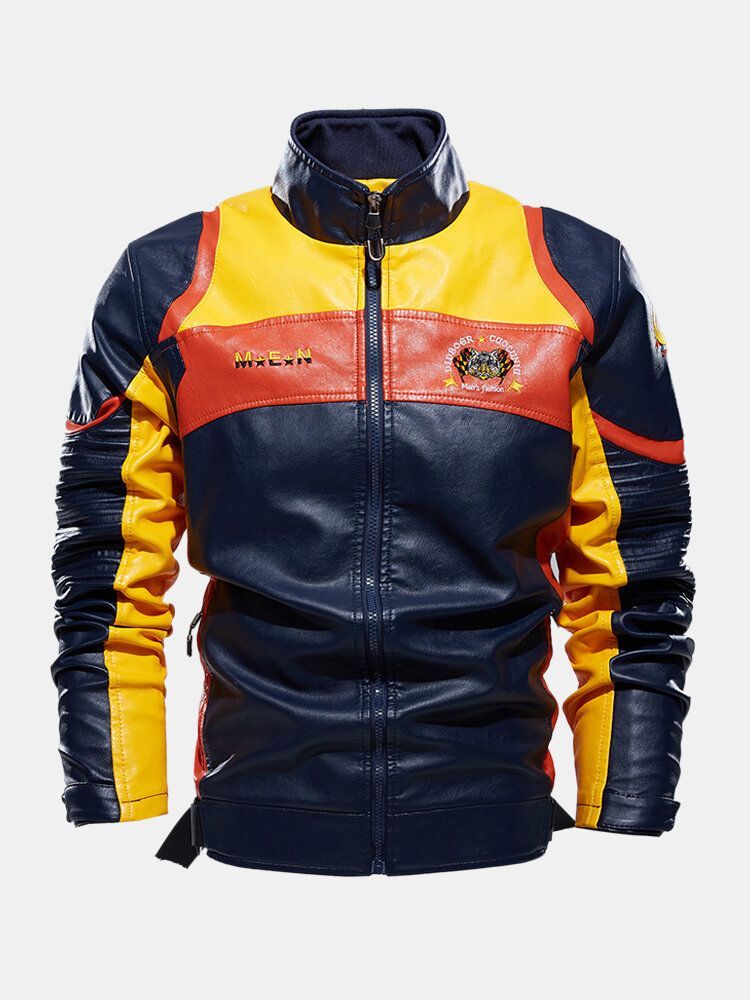 Chaqueta De Manga Larga De Motocicleta De Cuero Pu De Patchwork Bordado Para Hombre