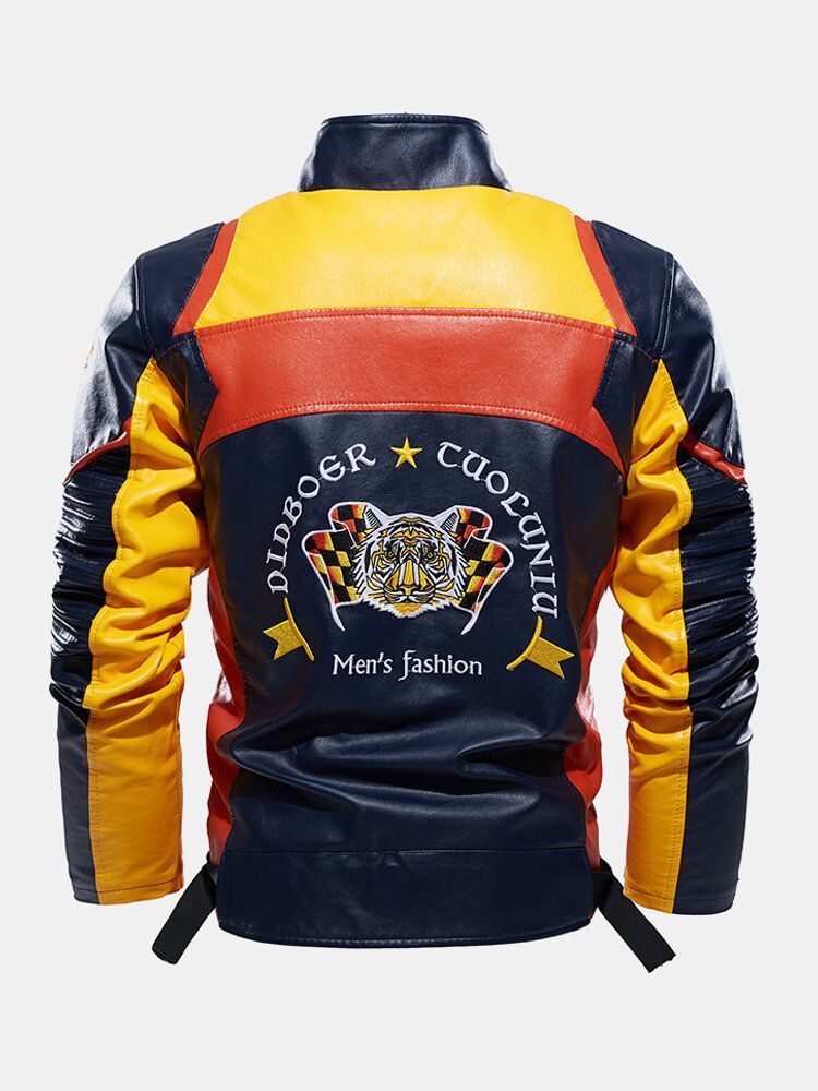 Chaqueta De Manga Larga De Motocicleta De Cuero Pu De Patchwork Bordado Para Hombre