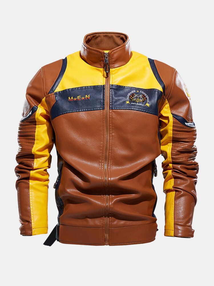 Chaqueta De Manga Larga De Motocicleta De Cuero Pu De Patchwork Bordado Para Hombre