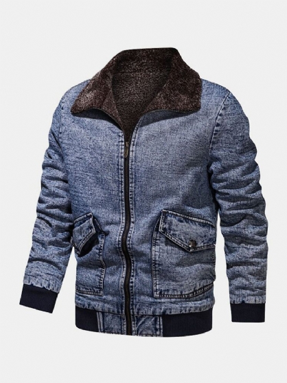 Chaqueta De Mezclilla Con Estilo Cálido Para Exteriores Con Solapa Frontal Con Cremallera Y Forro Polar Para Hombre