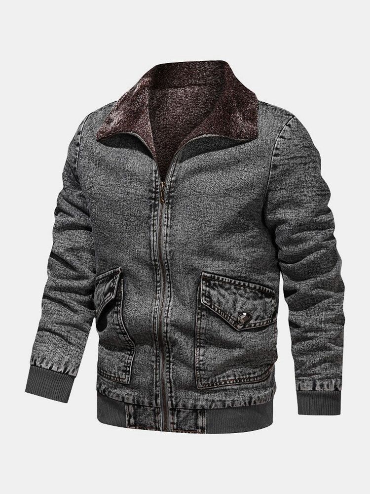 Chaqueta De Mezclilla Con Estilo Cálido Para Exteriores Con Solapa Frontal Con Cremallera Y Forro Polar Para Hombre